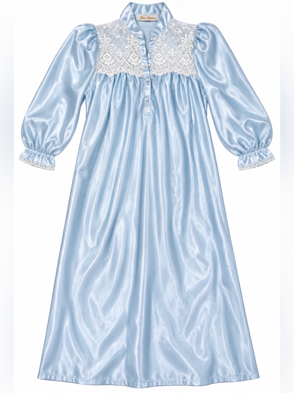Vintage Llise Stevens Blue Satin Nightgown Lace Victorian Cottagecore Maxi